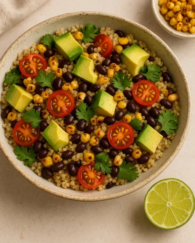 Colorful chili-lime quinoa salad with roasted corn, avocado, cherry tomatoes, and cilantro served in a white bowl.