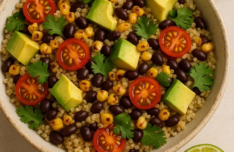 Colorful chili-lime quinoa salad with roasted corn, avocado, cherry tomatoes, and cilantro served in a white bowl.