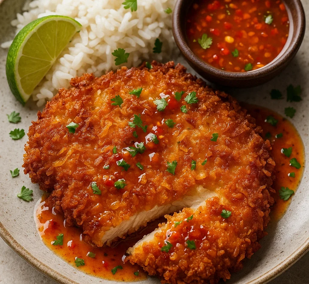 Coconut-breaded chicken katsu with chili-lime sauce and jasmine rice
