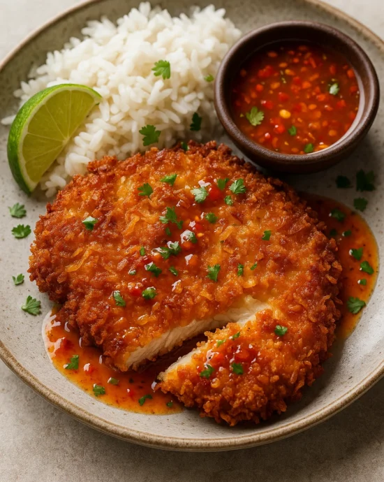 Coconut-breaded chicken katsu with chili-lime sauce and jasmine rice