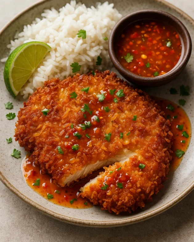 Coconut-breaded chicken katsu with chili-lime sauce and jasmine rice