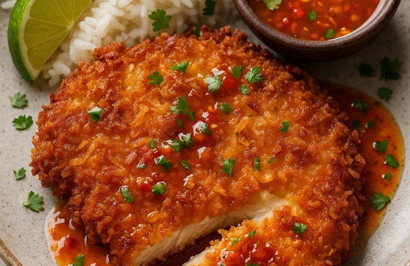 Coconut-breaded chicken katsu with chili-lime sauce and jasmine rice