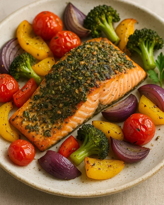 Herb-crusted Mediterranean salmon fillet with roasted vegetables on a white plate