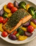 Herb-crusted Mediterranean salmon fillet with roasted vegetables on a white plate