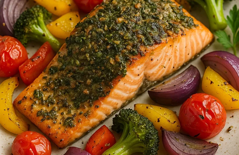 Herb-crusted Mediterranean salmon fillet with roasted vegetables on a white plate