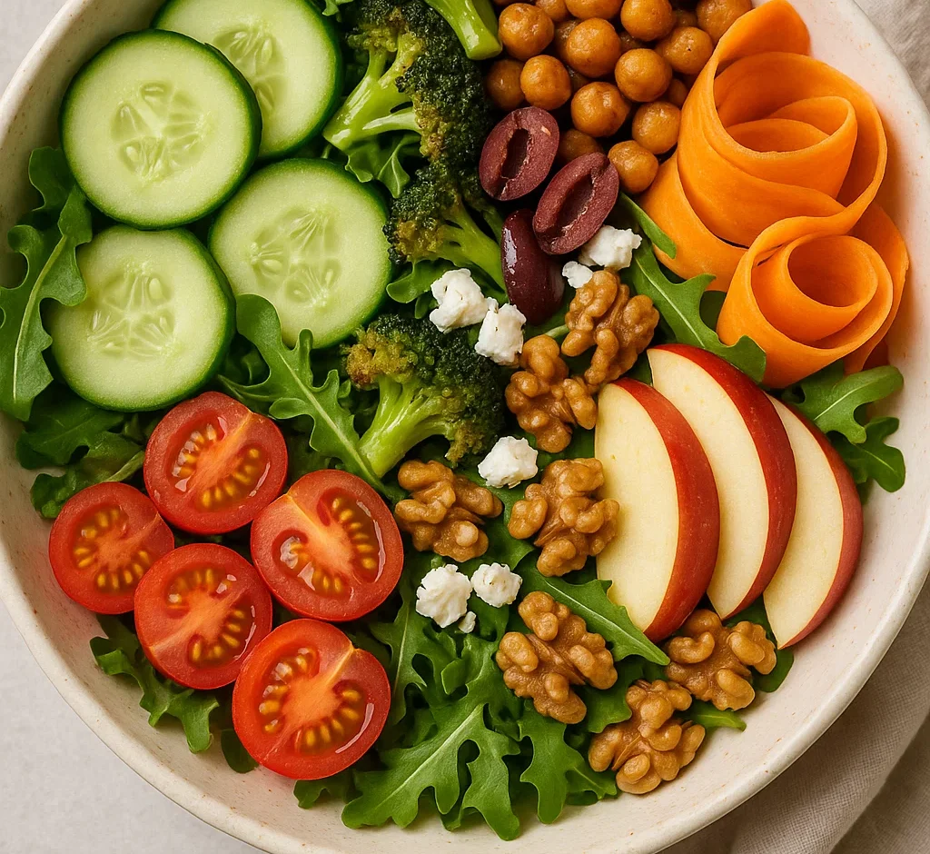 Overhead shot of colorful salad with grains, greens, veggies, and feta cheese