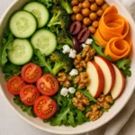 Overhead shot of colorful salad with grains, greens, veggies, and feta cheese