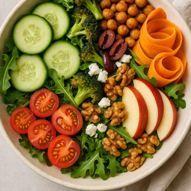 Overhead shot of colorful salad with grains, greens, veggies, and feta cheese