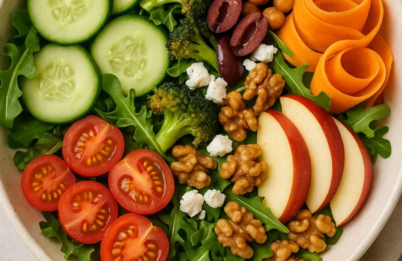 Overhead shot of colorful salad with grains, greens, veggies, and feta cheese