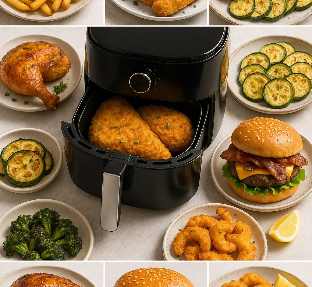 "Collection of crispy air fryer recipes including chicken wings, french fries, and vegetables on white plates"