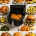"Collection of crispy air fryer recipes including chicken wings, french fries, and vegetables on white plates"