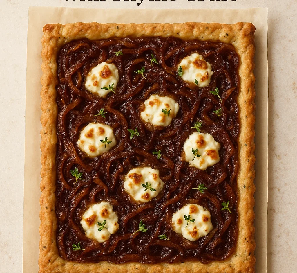 Caramelized onion and goat cheese tart in a flaky thyme crust