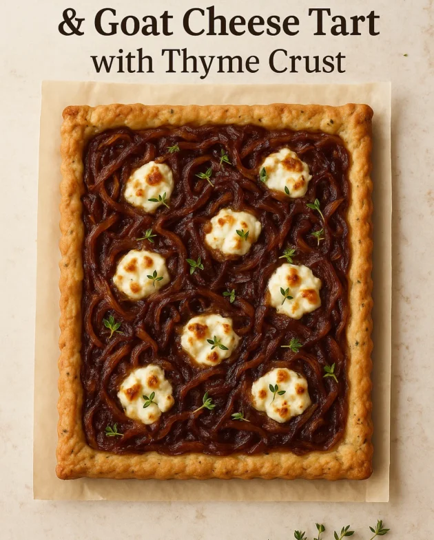 Caramelized onion and goat cheese tart in a flaky thyme crust