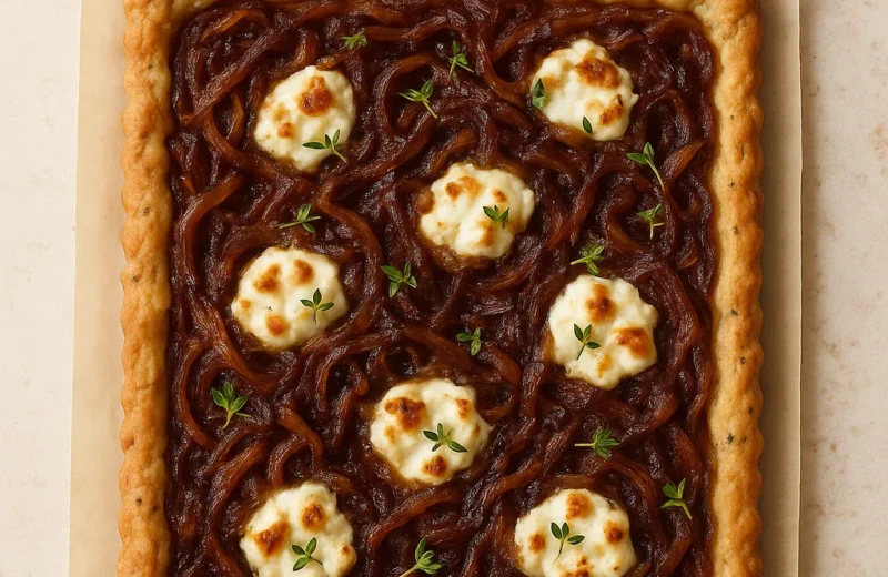 Caramelized onion and goat cheese tart in a flaky thyme crust