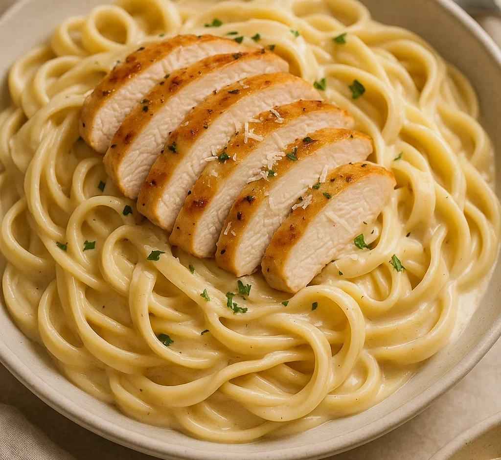 Angebratene Hühnerbrust in der Pfanne für hausgemachte Huhn Alfredo Rezept