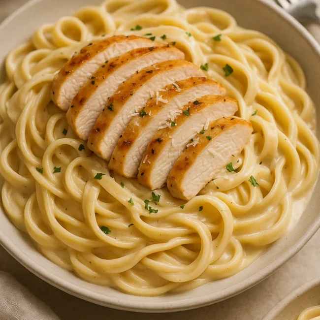 Seared chicken breasts in skillet for homemade chicken Alfredo recipe
