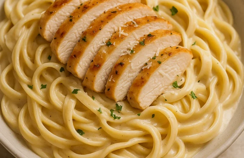 Seared chicken breasts in skillet for homemade chicken Alfredo recipe