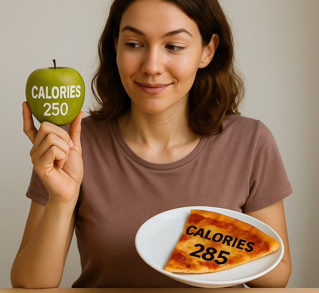 "Woman comparing calories in apple and pizza slice to illustrate food choices"