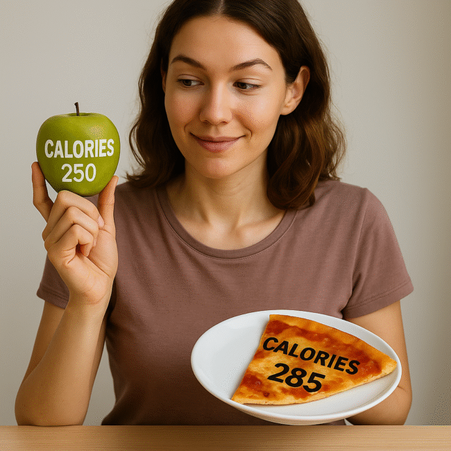 "Woman comparing calories in apple and pizza slice to illustrate food choices"
