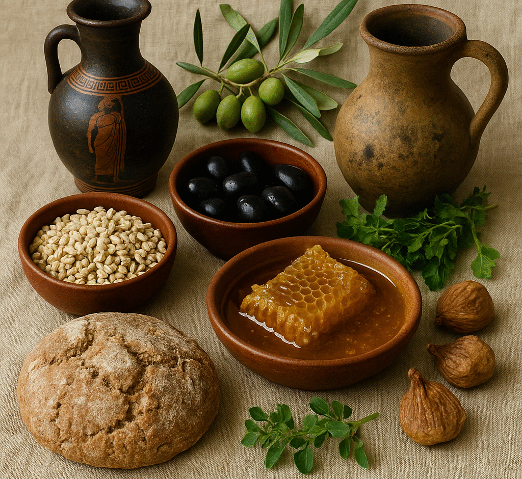 ancient Greek ingredients and pottery, Image 2: Greek street food souvlaki and pita in market