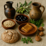 ancient Greek ingredients and pottery, Image 2: Greek street food souvlaki and pita in market