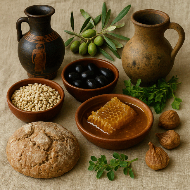 ancient Greek ingredients and pottery, Image 2: Greek street food souvlaki and pita in market