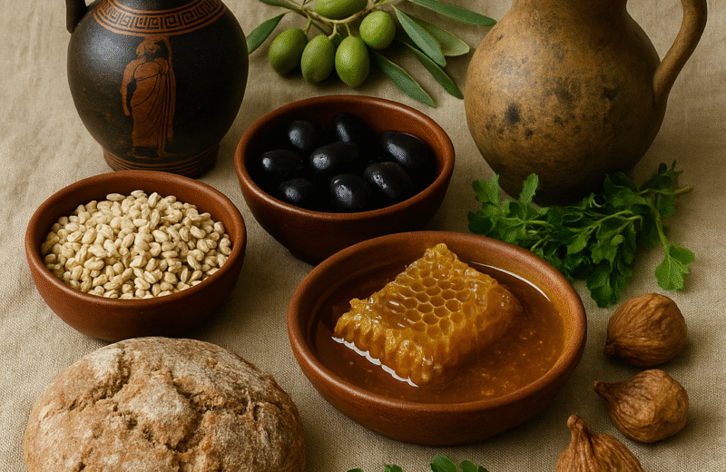 ancient Greek ingredients and pottery, Image 2: Greek street food souvlaki and pita in market