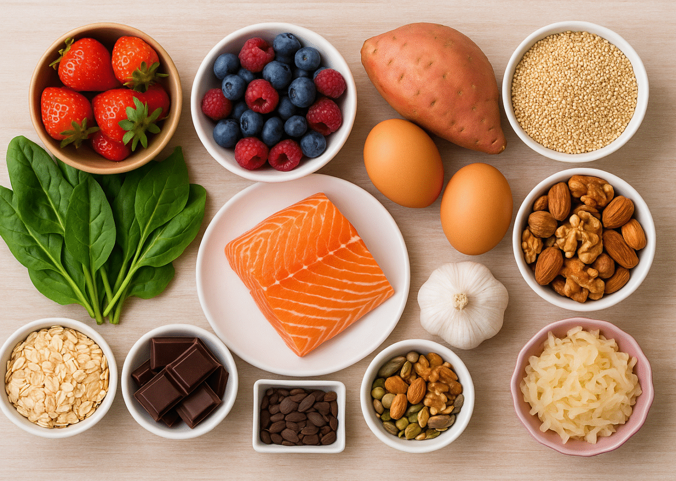 "Top view of assorted everyday superfoods including salmon, berries, leafy greens, eggs, nuts, garlic, and dark chocolate on a wooden table"