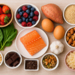"Top view of assorted everyday superfoods including salmon, berries, leafy greens, eggs, nuts, garlic, and dark chocolate on a wooden table"