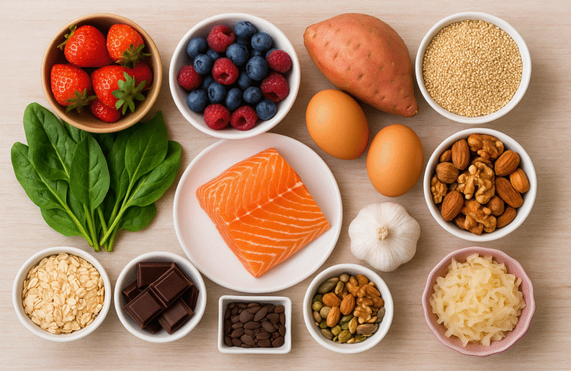 "Top view of assorted everyday superfoods including salmon, berries, leafy greens, eggs, nuts, garlic, and dark chocolate on a wooden table"