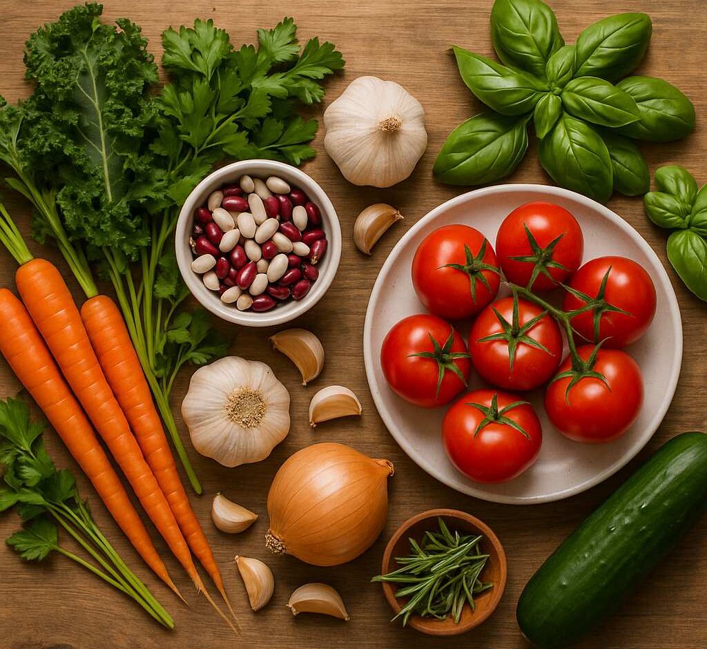 Fresh vegetables and herbs on a rustic kitchen counter