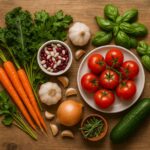Fresh vegetables and herbs on a rustic kitchen counter