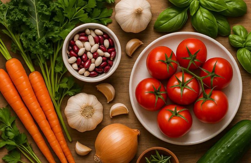 Fresh vegetables and herbs on a rustic kitchen counter