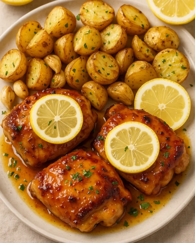 Honey lemon glazed chicken thighs with golden roasted garlic potatoes and fresh herbs