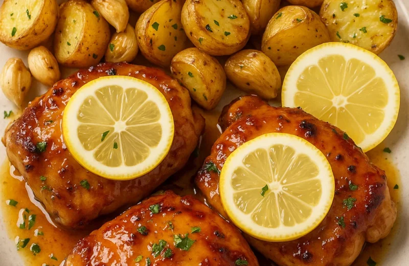 Honey lemon glazed chicken thighs with golden roasted garlic potatoes and fresh herbs