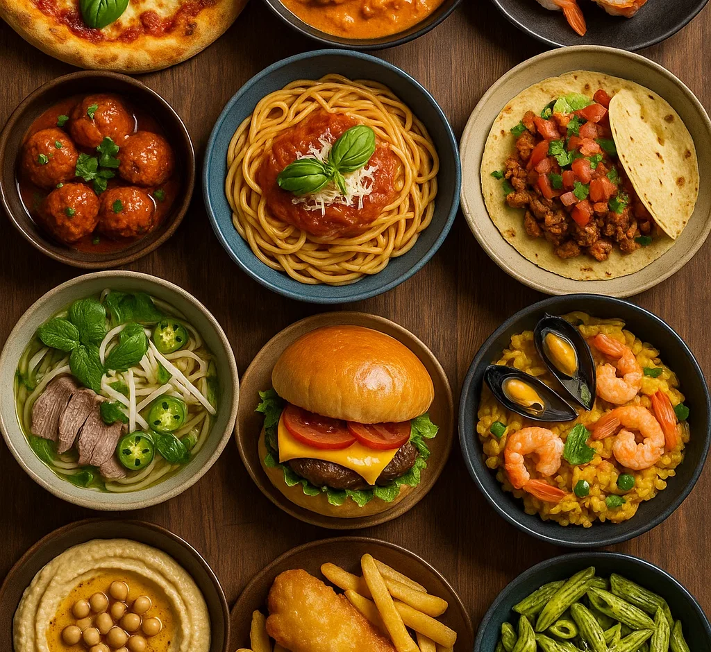A variety of international dishes including pizza, sushi, tacos, spaghetti, pho, hummus, fish and chips, and more served in bowls on a wooden table.