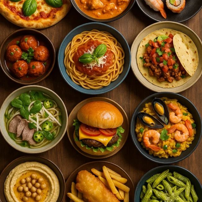 A variety of international dishes including pizza, sushi, tacos, spaghetti, pho, hummus, fish and chips, and more served in bowls on a wooden table.