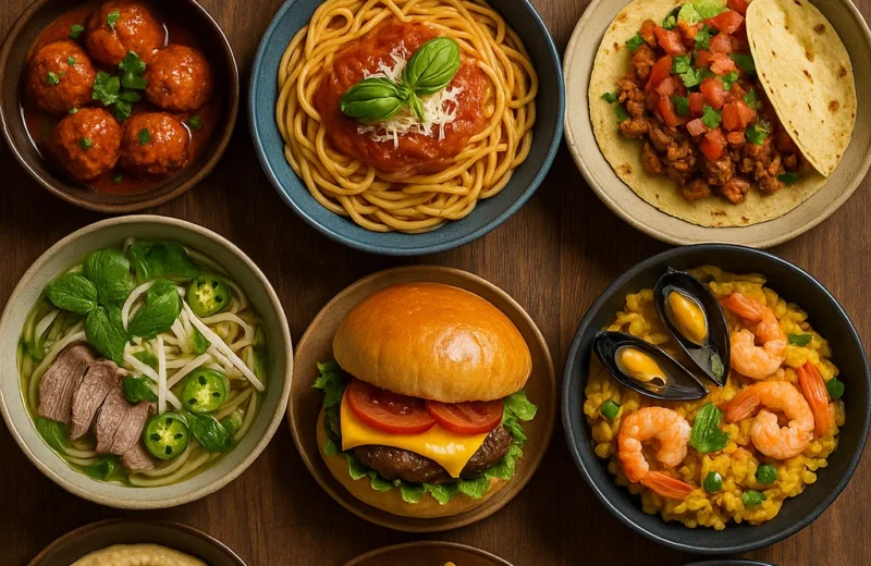 A variety of international dishes including pizza, sushi, tacos, spaghetti, pho, hummus, fish and chips, and more served in bowls on a wooden table.