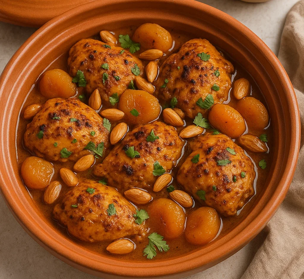 Moroccan chicken tagine with apricots and toasted almonds in a clay dish