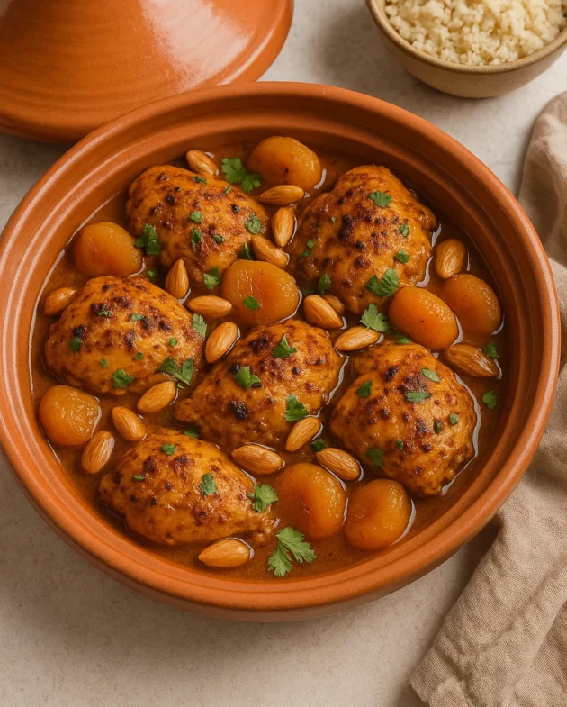 Moroccan chicken tagine with apricots and toasted almonds in a clay dish
