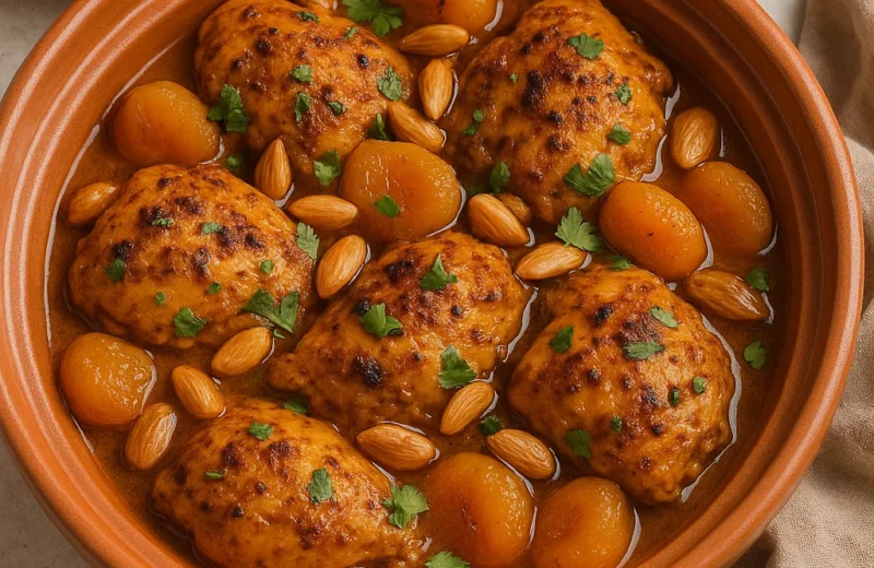 Moroccan chicken tagine with apricots and toasted almonds in a clay dish