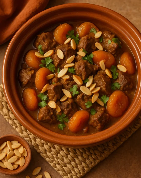 Moroccan-Spiced Lamb Tagine with Apricots and Almonds served in a traditional earthenware bowl