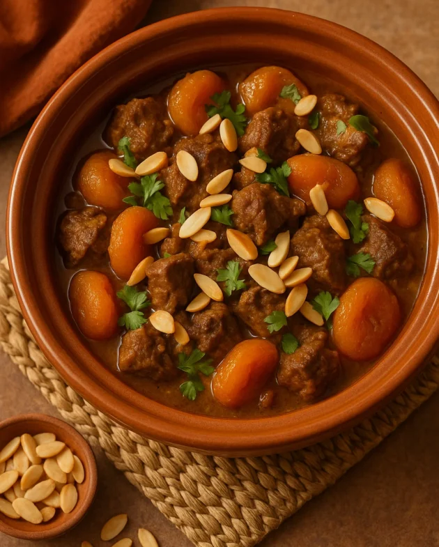 Moroccan-Spiced Lamb Tagine with Apricots and Almonds served in a traditional earthenware bowl
