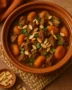 Moroccan-Spiced Lamb Tagine with Apricots and Almonds served in a traditional earthenware bowl