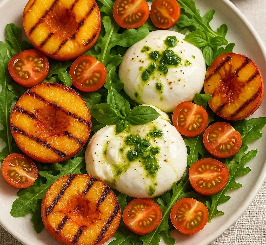 Grilled peach and burrata salad with basil vinaigrette