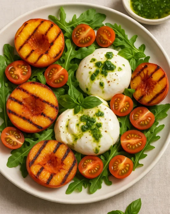 Grilled peach and burrata salad with basil vinaigrette
