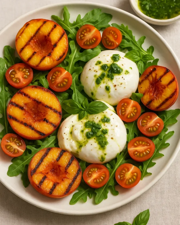 Grilled peach and burrata salad with basil vinaigrette