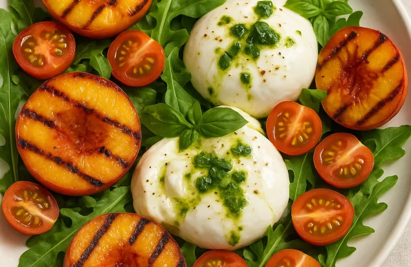 Grilled peach and burrata salad with basil vinaigrette