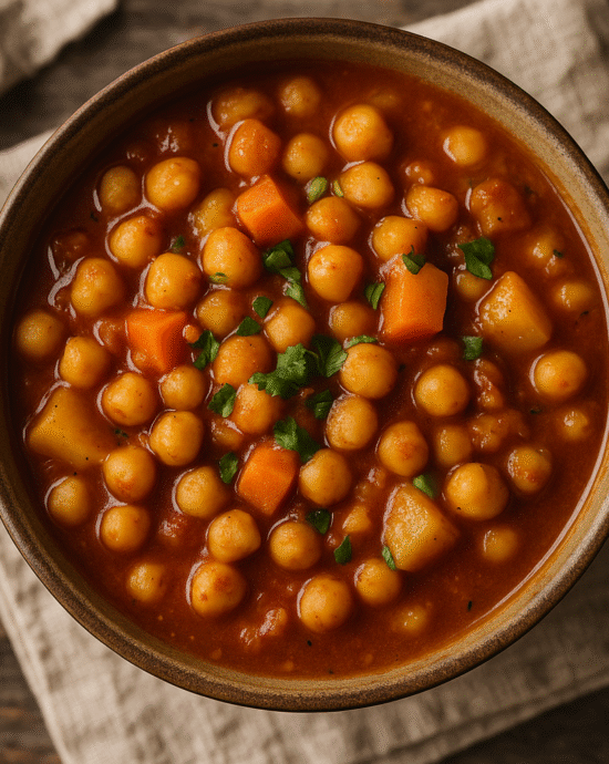 Moroccan Chickpea Stew served in a rustic bowl