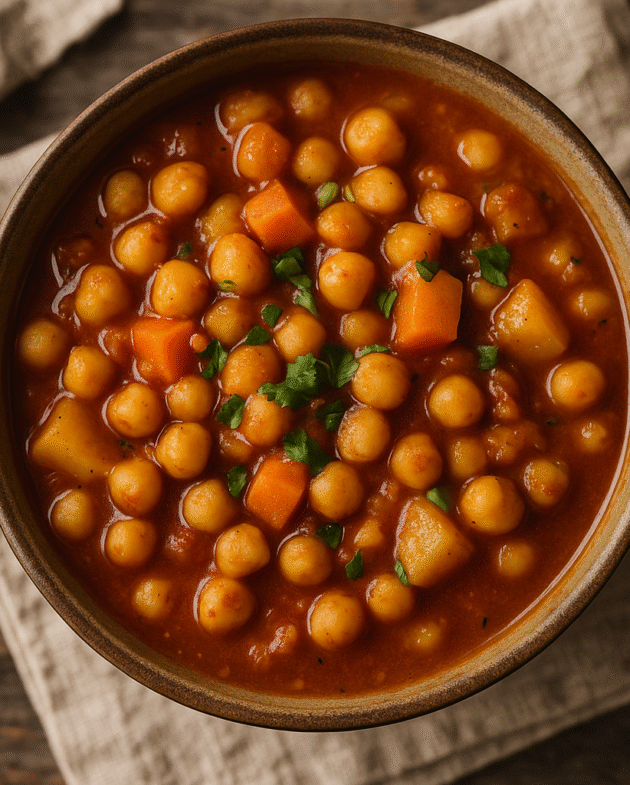 Moroccan Chickpea Stew served in a rustic bowl